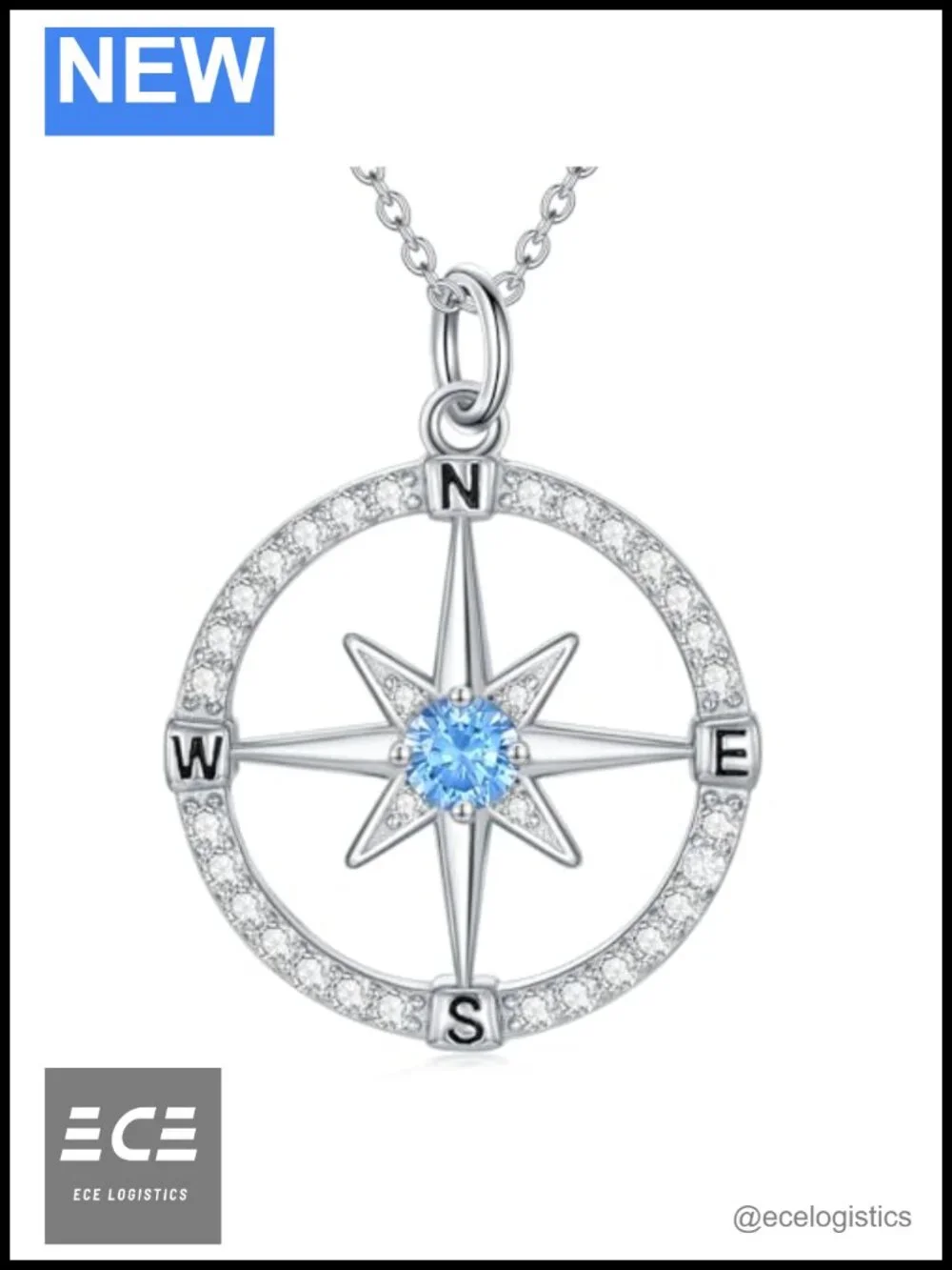 Moissanite Compass Pendant Necklace Sterling Silver White Gold Plated